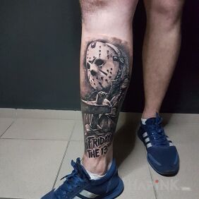 Tattoo Friday 13 on the calf motif: characters style: realistic