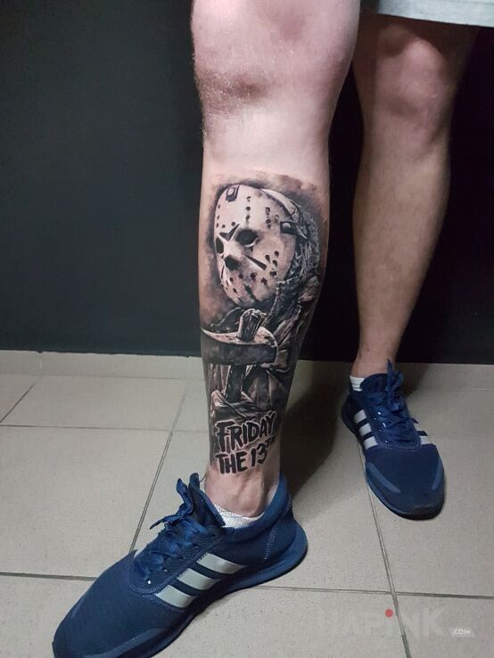 Tattoo Friday 13 in characters motif and realistic style on the calf