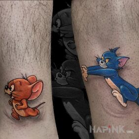 Tattoo Tom &Jerry on the leg motif: colorful style: cartoon / comic book