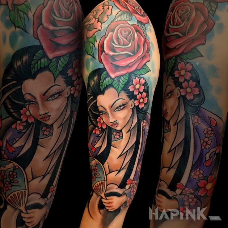 Tattoo Geisha in characters motif and newschool style on the upper arm