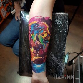 Tattoo SPACE LION on the forearm motif: cosmos style: graphic / illustrative