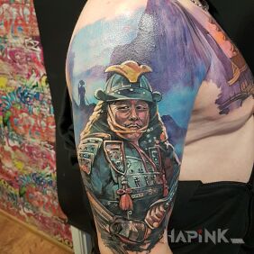 Tattoo SAMURAI on the upper arm motif: colorful style: realistic