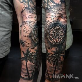 Tattoo COMPAS on the forearm motif: objects style: realistic