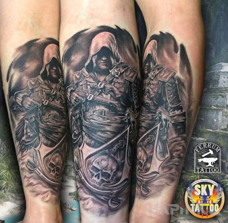 Tattoo Assasin in black and gray motif and realistic style on the forearm