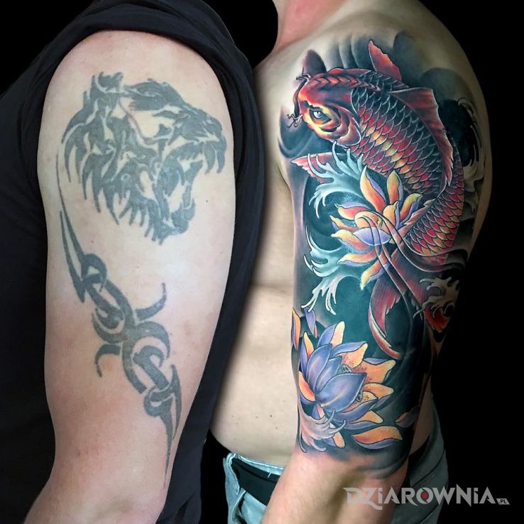 Tatuaż japonistyka cover w motywie zwierzęta i stylu japońskie / irezumi na ramieniu