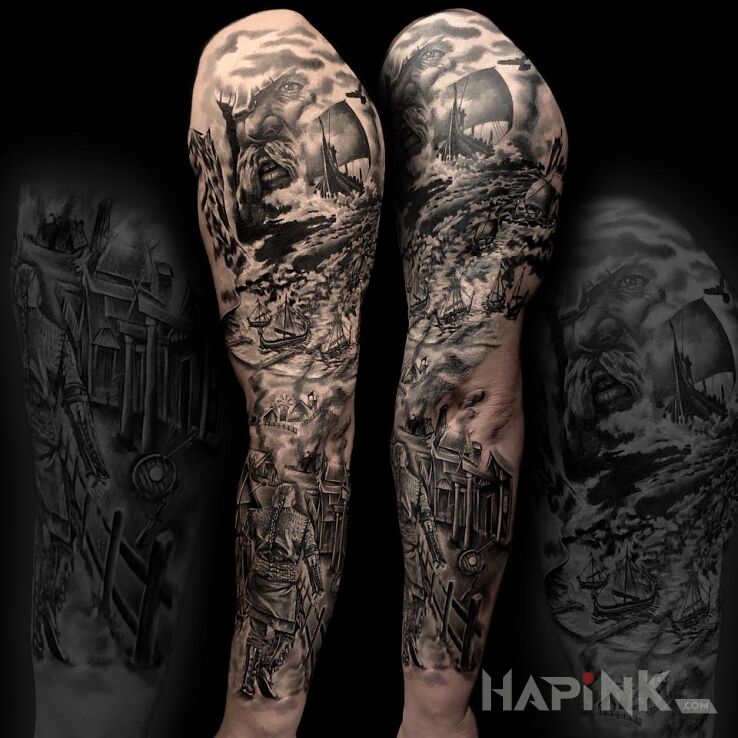 Tattoo Viking in war motif and realistic style on the forearm
