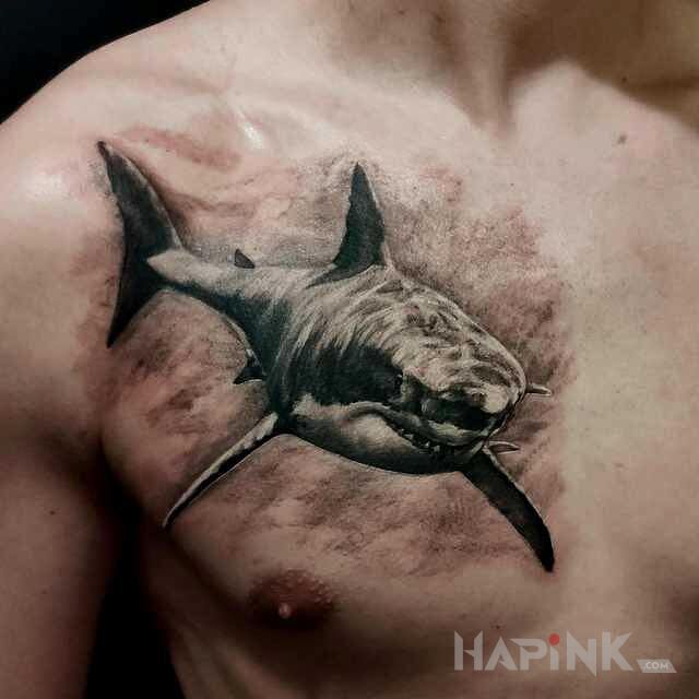 Tattoo Rekin in black and gray motif and realistic style on the chest