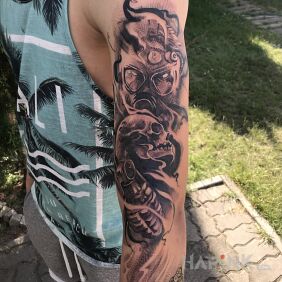 Tattoo Sleeve on the forearm motif: objects style: realistic