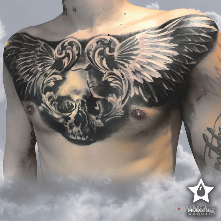 Tatuaż anioły i demony vol 2 w motywie czaszki i stylu realistyczne na klatce