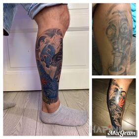 Tattoo Cover up gas mask:) on the calf motif: colorful style: japanese / irezumi