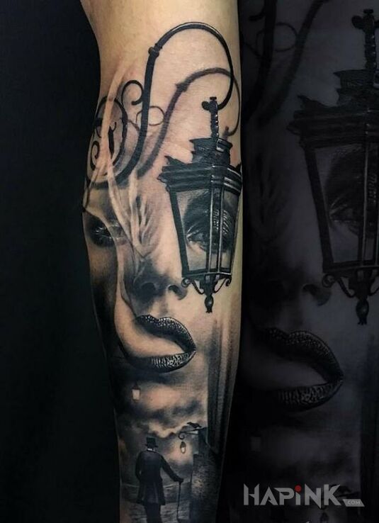 Tattoo Pod latarnią in black and gray motif and realistic style on the forearm