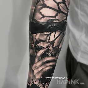 Tattoo Dark Ghothic Woman on the forearm motif: black and gray style: realistic