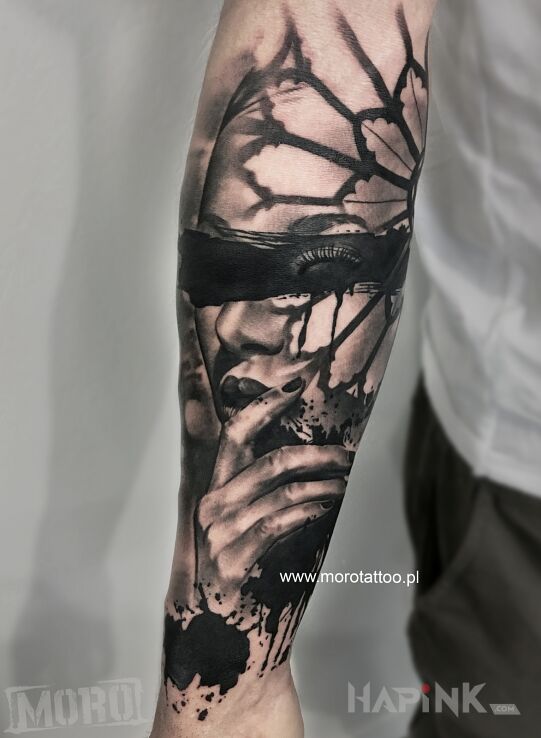 Tattoo Dark Ghothic Woman in faces motif and realistic style on the forearm