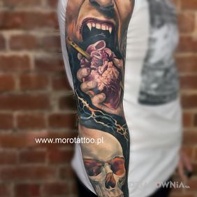 Tatuaż Rękaw kolorowy horror na przedramieniu motyw: 3D styl: realistyczne