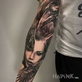 Tattoo Woman with wings on the forearm motif: animals style: realistic