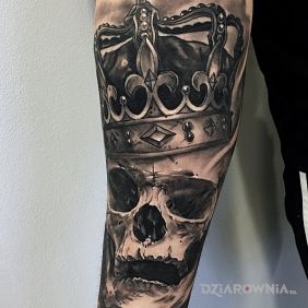 Tatuaż Czacha w koronie na przedramieniu motyw: czarno-szare styl: realistyczne