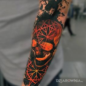 Tatuaż Pomarańczowa czaszka na przedramieniu motyw: kolorowe styl: graficzne / ilustracyjne