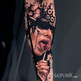 Tattoo Czupa czups on the forearm motif: colorful style: realistic