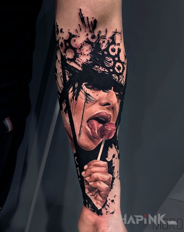 Tattoo Czupa czups in colorful motif and realistic style on the forearm