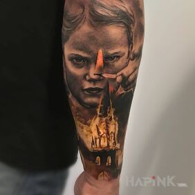Tattoo The girl with the match on the forearm motif: demons style: realistic