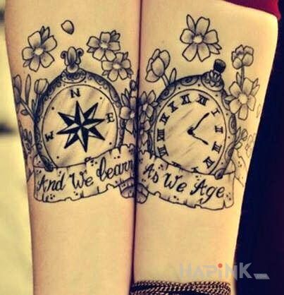 Tattoo Kompas i zegar in Love motif on the forearm