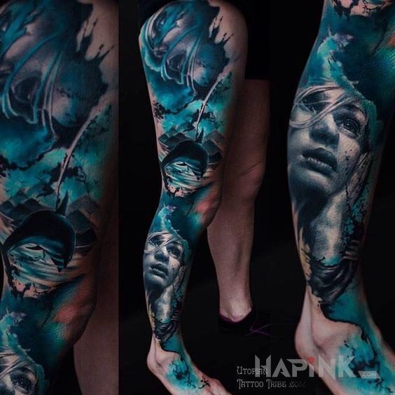 Tattoo Podwodne wojaże in faces motif and realistic style on the leg