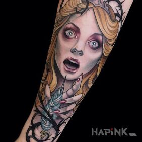 Tattoo Alicia on the forearm motif: faces style: neo-traditional