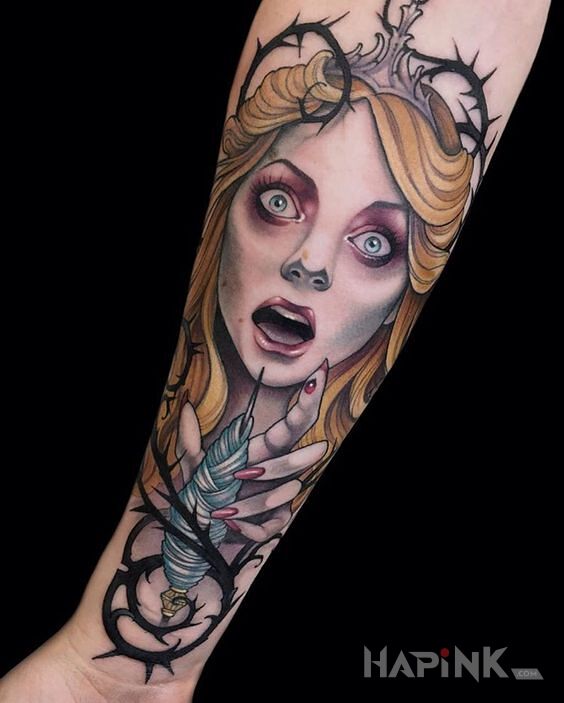 Tattoo Alicja in colorful motif and neo-traditional style on the forearm
