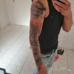 Tattoo Sleeve on the forearm motif: objects style: realistic