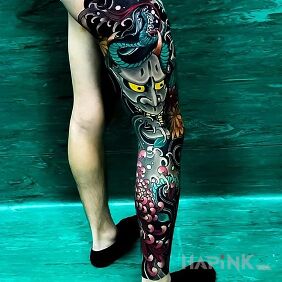 Tattoo Japanese leg on the calf motif: colorful style: japanese / irezumi