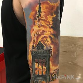 Tattoo Church in flames on the upper arm motif: 3D style: realistic